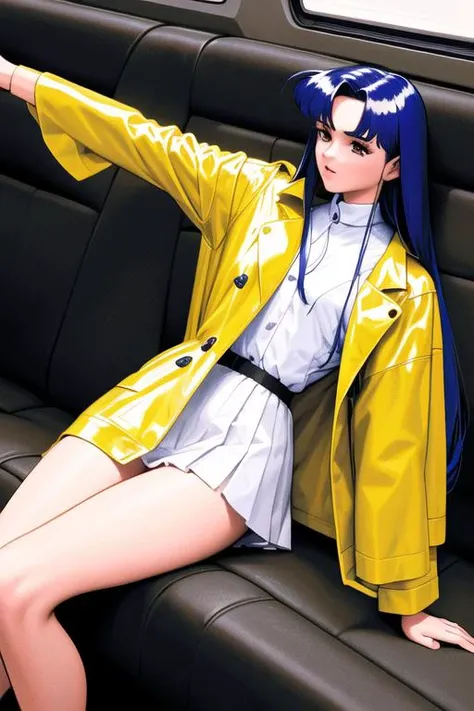 pc98, sfw, solo, 1girl, very long hair, corncrows, shirt, coat, transparent raincoat, skirt, taut clothes, cut-in, armpit focus, facing to the side, extremely detailed, detail enhancement, masterpiece, high resolution, vehicle interior<lora:pc98-v1-10:1>
