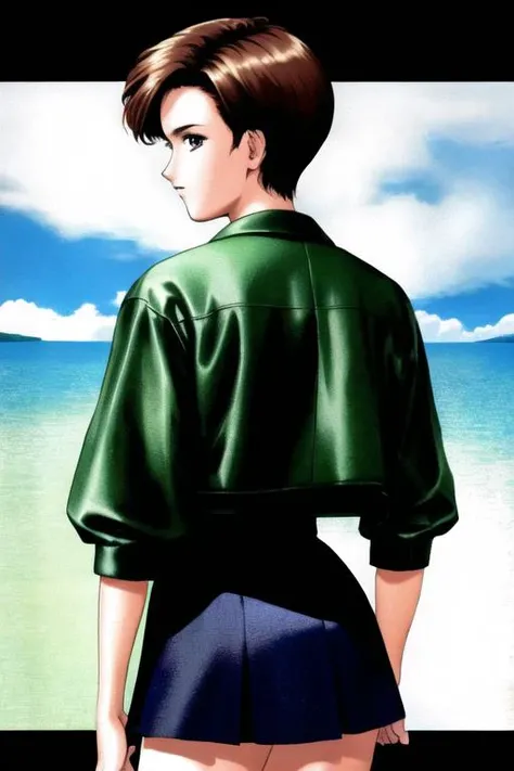 pc98, sfw, From behind, looking back, facing up, very short hair, pixie cut, jacket, skirt, extremely detailed, detail enhancement, masterpiece, high resolution, runway<lora:pc98-v1-10:1>