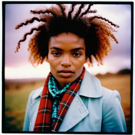 photograph, dressed in Bewitching Shweshwe, Lovely skinny Bedouin (abbiesynthxl:1.1) , Afro hairstyle, Tartan Scarf, Stormy weather, (by Alex Garant:0.7) , (Craigie Aitchison:0.7) , Hopeless, Neon Light, High Shutter Speed, Kodak Ektachrome E100, F/14, Instax, close-up, <lora:abbie-synth-xl-lora-1>
