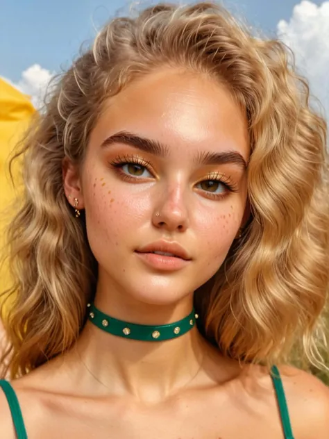 Warlike Space Age neysasynth, wearing Leather and Silver Studs, Curly hairstyle, Salvadoran Mustard Freckles, Hazy conditions, Zen, CMYK Colors, natural skin tones, <lora:neysasynth-sdxl-lora-v1:1>
