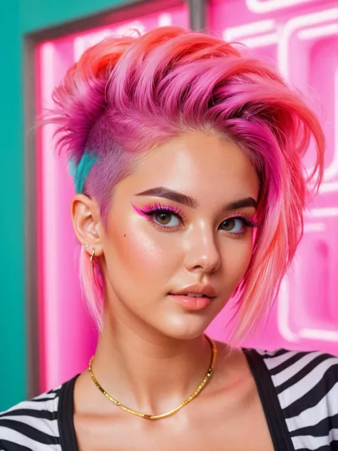 (art by Beeple:1.2) , Brutal Thai neysasynth Diving, Vivid and Neon hair styled as Quiff, from inside a Workshop, at Sunrise, Awe, Mythpunk, F/5, and zebra print neon hue, octane engine, <lora:neysasynth-sdxl-lora-v1:1>