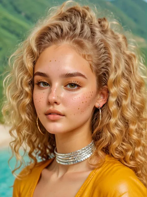 Warlike Space Age neysasynth, wearing Leather and Silver Studs, Curly hairstyle, Salvadoran Mustard Freckles, Hazy conditions, Zen, CMYK Colors, natural skin tones, <lora:neysasynth-sdxl-lora-v1:1>