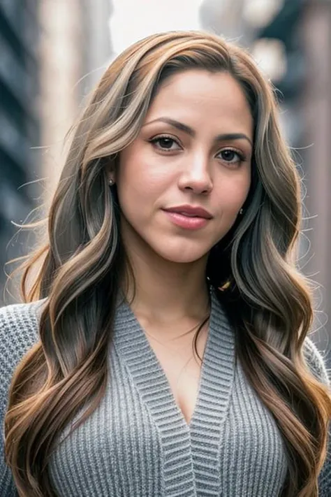 a face picture of Shakira_T_V4-600 (with grey sweater:1.2), ((front view)) , and a (close up:1.3) long haircut, pale skin, slim body, background is city ruins, (high detailed skin:1.2), 8k uhd, dslr, soft lighting, high quality, film grain, Fujifilm XT3