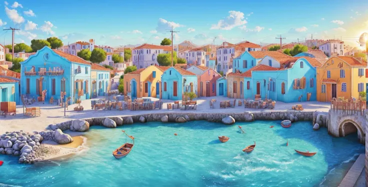 style of (hoppagames:1.0), A picturesque Greek village with (Whitewashed houses), (Iconic windmills), (Majestic coastline), (Charming cafes and shops), (Stone archways), (Shimmering blue sea), (Colorful fishing boats), (Authentic souvenirs), (Bustling town square), (Vibrant murals), (Quaint fountains), (Local artisans at work), (Traditional blue shutters), (Sunny Mediterranean skies), (Low-angle perspective), (natural lighting), (Wide-angle lens capturing scenery), hidden objects games, video game concept art, (8K Unity wallpaper), fine details, award-winning image, highly detailed, 16k, cinematic perspective, ((video game environment concept art style)), pretty colors, cinematic environment