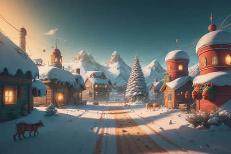 style of (hoppagames:1.0), A snowy town square with (Santa's sleigh), (reindeers), (Christmas tree), (festive decorations), (children playing), (Low-angle perspective), (natural lighting), (Wide-angle lens capturing scenery), hidden objects games, video game concept art, (8K Unity wallpaper), fine details, award-winning image, highly detailed, 16k, cinematic perspective, ((video game environment concept art style)), pretty colors, cinematic environment