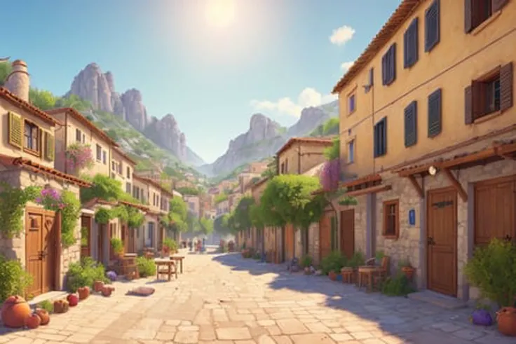 style of (hoppagames:1.0), A rustic Greek village with (Quaint stone houses), (Winding alleyways), (Pristine courtyards), (Bustling marketplace), (Vibrant street art), (Rustic wooden shutters), (Mediterranean flora), (Grapes on trellises), (Ivy-covered walls), (Colorful laundry hanging), (Olive trees), (Tavernas with outdoor seating), (Rugged mountain backdrop), (Low-angle perspective), (natural lighting), (Wide-angle lens capturing scenery), hidden objects games, video game concept art, (8K Unity wallpaper), fine details, award-winning image, highly detailed, 16k, cinematic perspective, ((video game environment concept art style)), pretty colors, cinematic environment