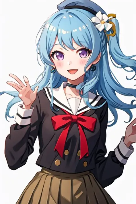best quality, masterpiece, highres, solo, {matsubara_kanon_bangdream:1.15}, blue_hair, purple_eyes, bangs, long_hair, blush, smile, ribbon, hair_ornament, light_blue_hair, open_mouth, one_side_up, hair_ribbon, hair_flower, hanasakigawa_school_uniform, sailor_collar, school_uniform, 1girl, flower, looking_at_viewer, neck_ribbon, red_ribbon, long_sleeves, sailor_dress, green_ribbon, brown_dress, dress, upper_body