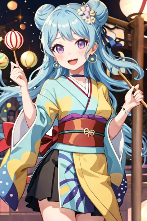 best quality, masterpiece, highres, solo, {matsubara_kanon_bangdream:1.15}, blue_hair, purple_eyes, bangs, long_hair, blush, smile, ribbon, hair_ornament, light_blue_hair, open_mouth, one_side_up, hair_ribbon, hair_flower, 1girl, alternate_hairstyle, flower, japanese_clothes, kimono, choker, earrings, jewelry, looking_at_viewer, :d, double_bun, hair_bun, holding, sash, upper_body, fish, obi