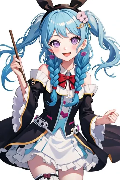 best quality, masterpiece, highres, solo, {matsubara_kanon_bangdream:1.15}, blue_hair, purple_eyes, bangs, long_hair, blush, smile, ribbon, hair_ornament, light_blue_hair, open_mouth, one_side_up, hair_ribbon, hair_flower, 1girl, alternate_hairstyle, bow, braid, drumsticks, frills, hairclip, hat, holding, jewelry, looking_at_viewer, twin_braids, earrings, hair_over_shoulder, long_sleeves, simple_background, white_background, frilled_sleeves, sitting