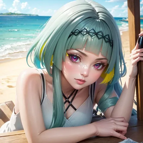 (ringo),beautiful,masterpiece, best quality, extremely detailed face,perfect lighting, beach,outdoors,sunny,(1girl:1.3), <lora:ringo:1>