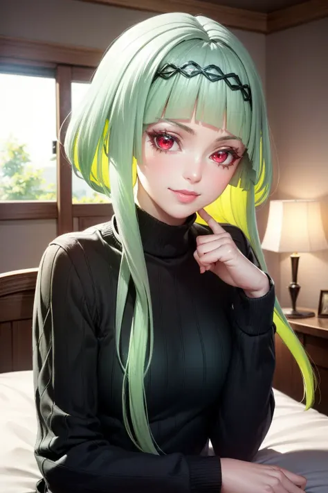 (ringo),beautiful,masterpiece, best quality, extremely detailed face,perfect lighting,smile, long sleeve sweater,(sidelocks:1.1),red eyes,indoors,bedroom,on bed,sunny,(1girl:1.3) <lora:ringo:1>