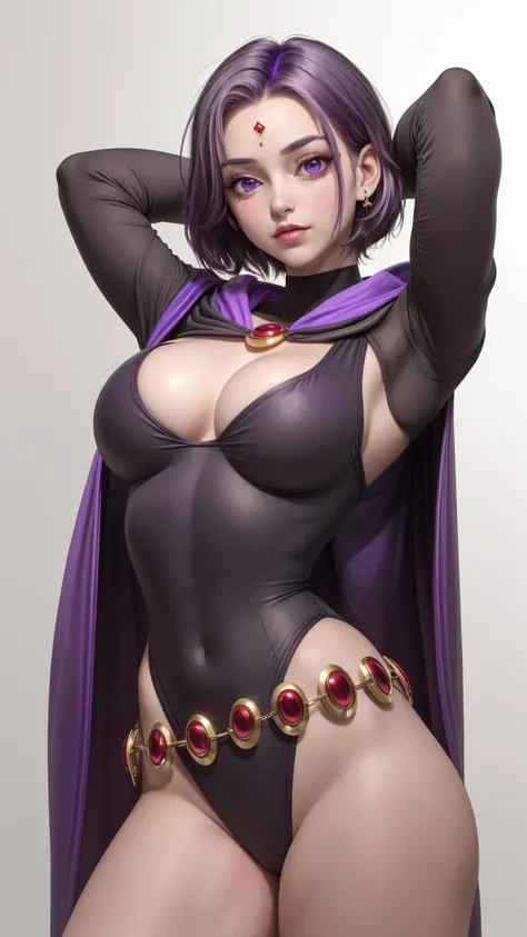 (solo:1.1),(masterpiece), (best quality:1.3),, (ultra detailed), (intricate), professional art, digital art, absurdres, shadraven, (far away view:1.1), 1girl, solo, (grey skin:1.4), dark purple hair, bob hair, dark purple eyes, hips wider than shoulders, pear shaped body, jewellery, detailed thighs, (thick thighs:1.3), red jewel in forehead, jewels, (long sleeved turtleneck leotard:1.4), (Red jewel Belt), (red jewel brooch:1.1), cuffs, small breasts, nipple bulge, (raven long dark purple hooded cape), (Shadraven brooch:1.2), Shadraven jewel belt, Shadraven wearing a long sleeved leotard with a hooded cape and fingerless glovess, (long legs:1.3), ( detailed long thick veiny crotch bulge with veins showing through clothing:1.4), large penis, large testicles, (side angle frontal view),(bubble butt) , gluteal crease, universal lighting,(Detailed ass), black-lipstick, beestung lips,