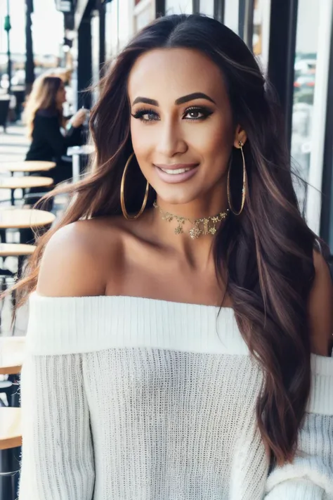 cml piercing eyes, looking straight, very happy,long hair, wearing an off-shoulder sweater, choker, closeup portrait, in a outdoor cafe in 2015, afternoon light, <lyco:Carmella-RealVision-V1.0:1.0>