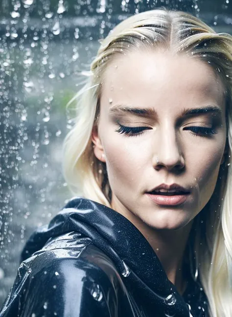 photo of (sks woman:1.2), Sexy blonde girl, fit, down to earth, innocent, (raining), (((soaking wet))), (face focus:1.2)