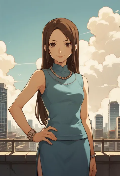 score_9, score_8_up, score_7_up, source_anime, 1girl, smile, hand on hip, <lora:zs_MikaXL:1> mikap5, brown hair, long hair, brown eyes, dress, sleeveless, side slit, necklace, bracelet, city, sky, cloud