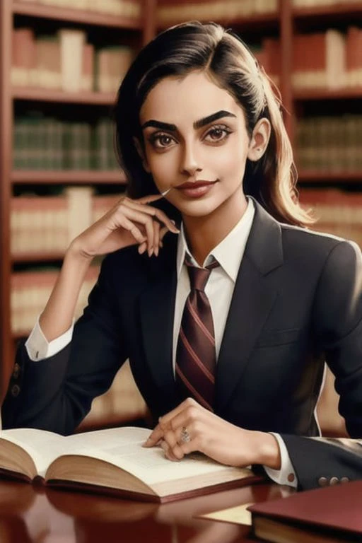 banitasandhu studying at the library, indoors, black uniform, open book, studying, sitting, desk, necktie, school crest, smiling, (best quality), (masterpiece)