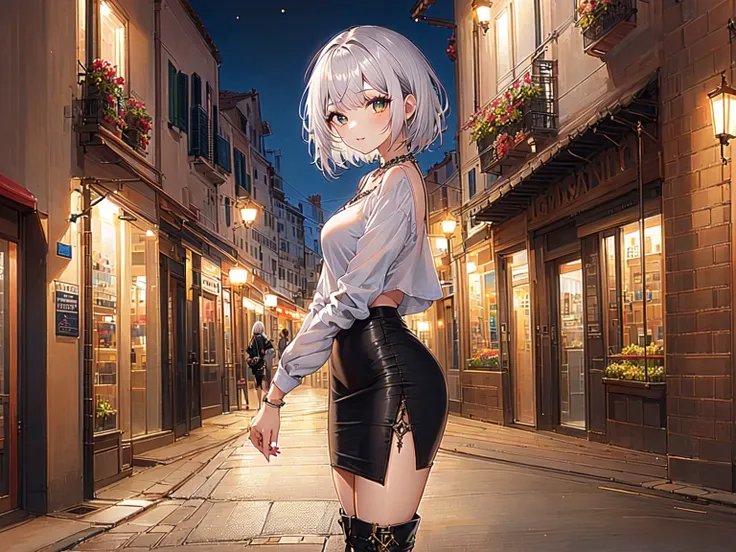 1girl, solo, white hair, short hair, bangs, gothic blouse pencil Skirt anklet thigh boots, modern Venice city evening, viewfinder