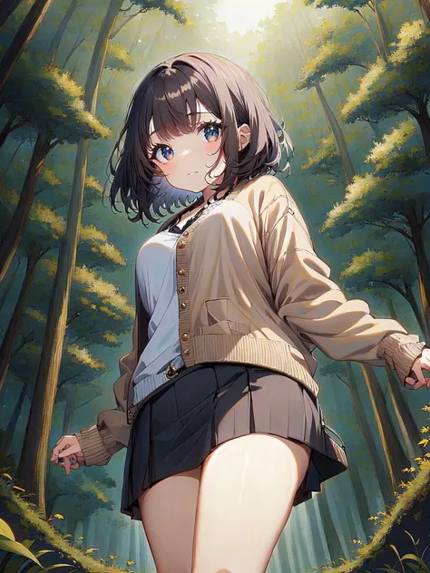(masterpiece,anime,best quality:1.2),1girl, solo, dark hair, very short hair, messy hair, bangs, cardigan skirt chastity bra loafers, dark roads in the forest evening, from below