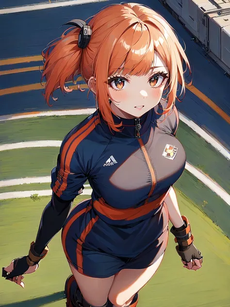 1girl, solo, peach hair, very short hair, multi-tied hair, bangs, sporty kunoichi glove boots, dieselpunk athletic fields evening, from above