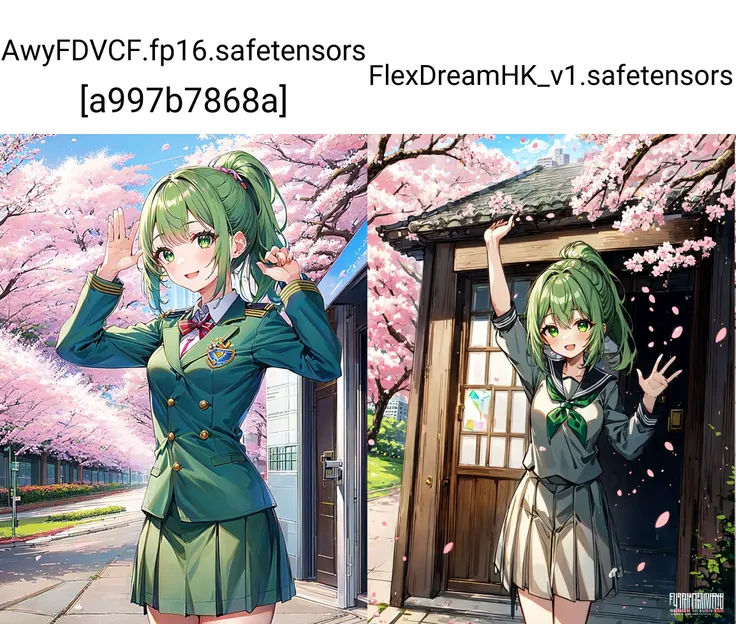 1girl, solo, album cover, green hair, ponytail hair, dark green eyes, small breasts, school uniform, arm up, door, prism, building , happy, nice hands, standing, petals, cherry blossoms