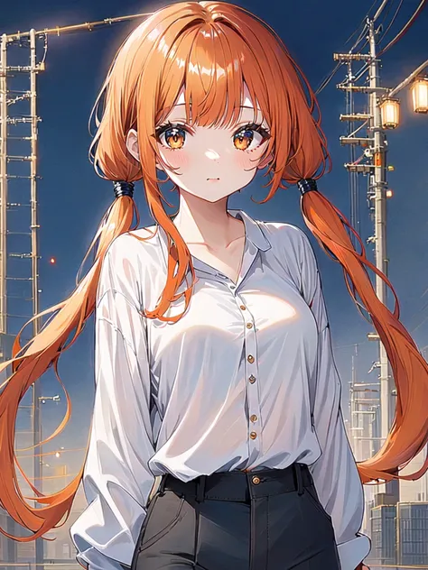 1girl, solo, orange hair, long hair, twintails hair, bangs, exotic very short length white shirts with open chest pants chastity bra , old power lines midnight, viewfinder