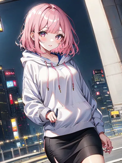 1girl, solo, pink hair, medium hair, long bangs bangs, gorgeous hooded sweatshirt pencil Skirt ribbon , future Tokyo city daytime, dutch angle