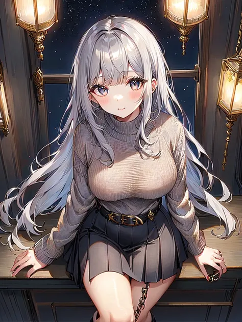 1girl, solo, gray hair, long hair, flipped hair, bangs, ornate sweater pleated skirt chain belt boots, dark home economics room nighttime, from above