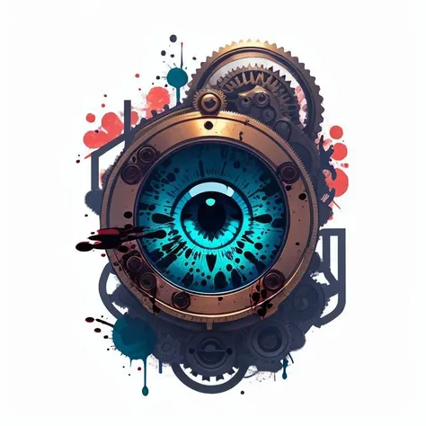 bronze mechanical blue eye dripping blood in the style of 0mib <lora:0mib3:0.75>