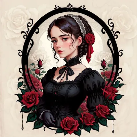 b&w victorian woman in the style of 0mib <lora:0mib3:0.75>,
dripping red ink,
red roses