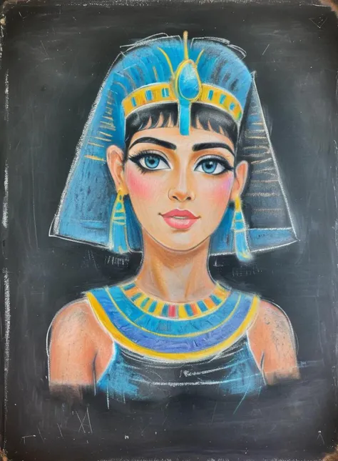 ChalkBoardDrawing of cleopatra, pyramids in the background <lora:SDXL_ChalkBoardDrawing_LoRA_r8:1>