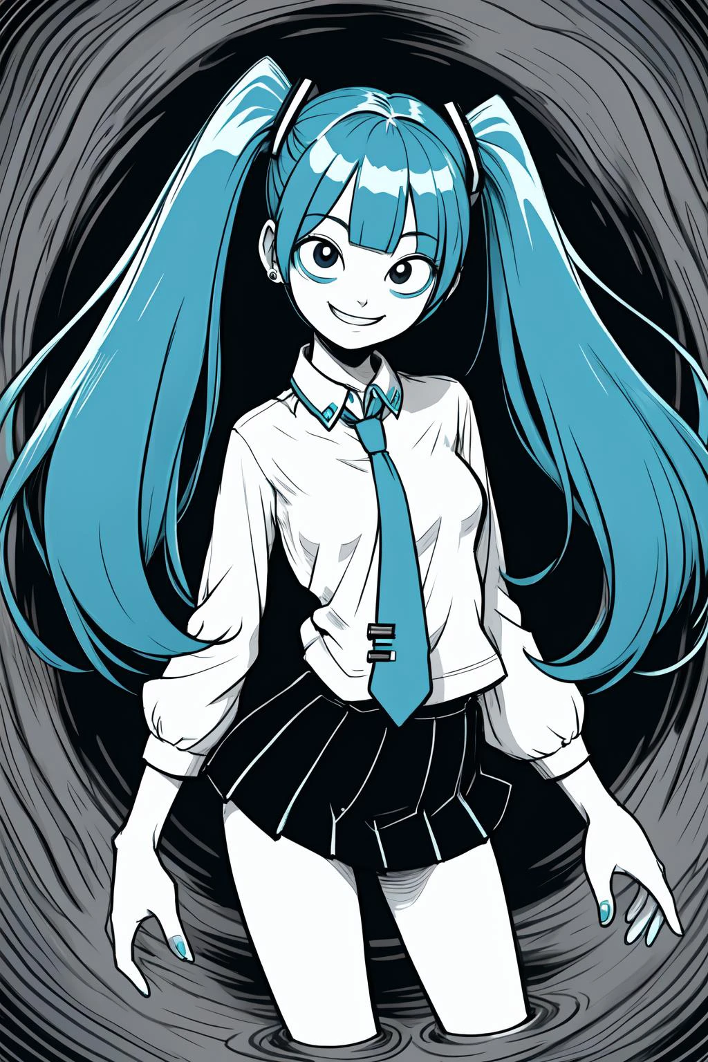 (by artist junji ito style:0.8), (masterpiece:1.2), best quality, masterpiece
hatsune miku, teal hair, long twintails, teal necktie, miniskirt, , smile, grin, evil face, shaded face,(navel:0.6),
<lyco:itoStyleLoRA:0.8>