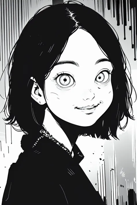 by artist junji ito style, monochrome,(masterpiece:1.2), best quality, masterpiece, highres, absurdres, original, extremely detailed wallpaper,
dramatic shadow, portrait of 1girl, black hair, intricate eyes, light smile
<lyco:itoStyleLoRA:0.9> <lora:add_detail:-2>
