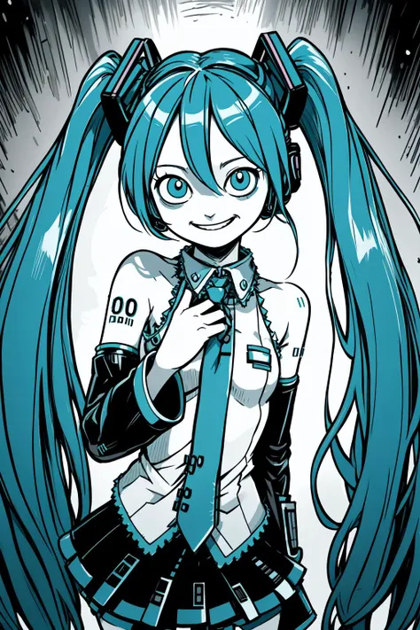 (by artist junji ito style:0.8), (masterpiece:1.2), best quality, masterpiece
(hatsune miku:1.4), teal hair, long twintails, bare shoulders,  teal necktie, miniskirt, smile, grin, evil face, shaded face,(navel:0.6),
<lyco:itoStyleLoRA:0.8>