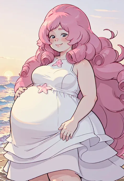 (masterpiece, high quality, best quality, high resolution, detailed, realistic anime style):1.5 <lora:Rose Quartz:0.8> Rose Quartz, big belly, pregnant, holding belly, pink hair, long white dress, beach, sunset, smiling warmly, smiling, 1girl, solo, fat, fat woman, thicc, chubby, mature woman, older woman, adult woman