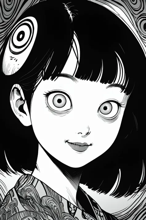 by artist junji ito style, monochrome,(masterpiece:1.2), best quality, masterpiece, highres, absurdres, original, extremely detailed wallpaper,
dramatic shadow, portrait of 1girl, black hair, intricate eyes, light smile
<lyco:itoStyleLoRA:0.9> <lora:add_detail:-1>