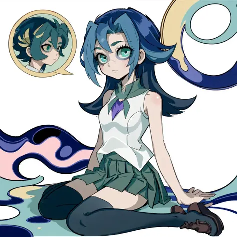 masterpiece, best quality, kr1, multicolored hair, dyed bangs, white shirt, sleeveless, green skirt, black thighhighs, pleated skirt, <lora:kamishiro_rio_v14:0.8>, Beautiful Art Style, 1girl, young woman, luxury fashion, semi-abstract, moon, sitting, snuffy, <lora:snuffy:0.8>, BNA, <lora:bna_offset:0.6>