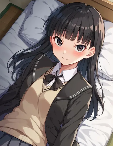 score_9, score_8_up, score_7_up, source_anime,
tsukasaayatsuji, <lora:tsukasa-ayatsuji-ponyxl-lora-nochekaiser:1>
tsukasa ayatsuji, black hair, long hair, bangs, blunt bangs, black eyes, smile,
kibito high school uniform, school uniform, sweater vest,
indoors, bed, bed room, on side, blush, drunk,
looking at viewer, dutch angle, cowboy shot