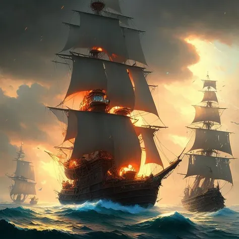 Pirate ship in middle of bad weather , detailed oil painting, unreal 5 render, rhads, sargent and leyendecker, savrasov levitan polenov, bruce pennington, studio ghibli, tim hildebrandt, digital art, landscape painting, octane render, beautiful composition, trending on artstation, award winning photograph, masterpiece, seekart style, (dreamlikeart:1.2). mdjrny-v4 style