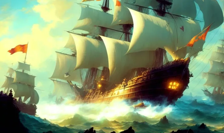 Pirate ship in middle of bad rainy weather , detailed oil painting, unreal 5 render, rhads, sargent and leyendecker, savrasov levitan polenov, bruce pennington, studio ghibli, tim hildebrandt, digital art, landscape painting, octane render, beautiful composition, dramatic lighting, trending on artstation, award winning photograph, masterpiece, wallpaper 4k,8k 16k (dreamlikeart:1.2) (mdjrny-v4 style:1.2)