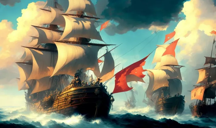 Pirate ship in middle of bad rainy weather , detailed oil painting, unreal 5 render, rhads, sargent and leyendecker, savrasov levitan polenov, bruce pennington, studio ghibli, tim hildebrandt, digital art, landscape painting, octane render, beautiful composition, dramatic lighting, trending on artstation, award winning photograph, masterpiece, wallpaper 4k,8k 16k (dreamlikeart:1.2). mdjrny-v4 style