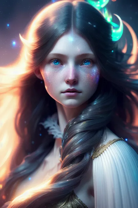 (dark dim dramatic atmosphere)+ 8k portrait aurora, girl with super long hair, hair dissolving into bright stars, in drip modern clothing, intricate, highly detailed, digital painting, smooth, sharp focus, illustration, unreal engine 5, 8 k, art by artgerm and greg rutkowski and alphonse mucha