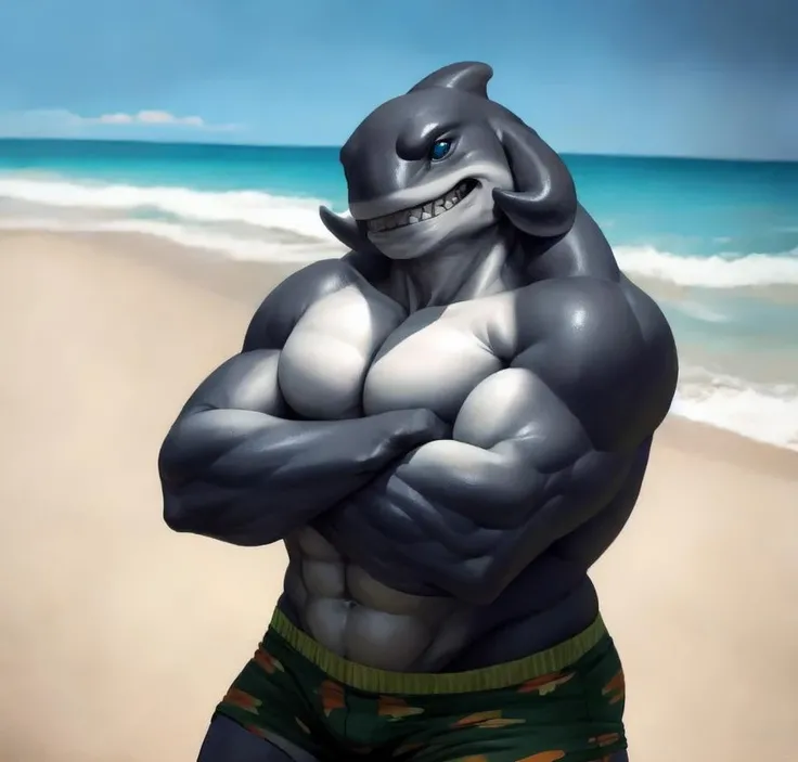 ( masterpiece, Highest quality, High resolution, Deeply drawn boundaries, 8k, Super detailed), (Detailed face:1.2, Detailed eyes), shark, male , Muscular, Full body view, Yellow wetsuit, Grey Skin, Featureless ??????, Sandy Beach, surfer, Abdominal muscles, sharkの尻尾, sun, cumulonimbus, Are standing, Wet body, Gills on the neck, Toned buttocks, Showing his teeth, Slit pupil, black sclera,