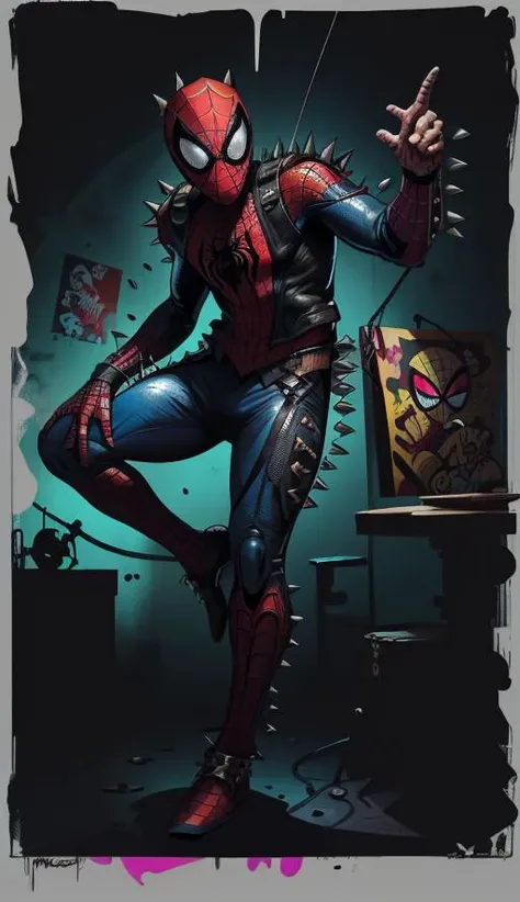 inked, illustration of a  male spiderman outfit,  drawn   by todd mcfarlane, mask, cross-section, manga, comic cover, marvel poster,  panels, spoken !, speech bubble, 80s punk style,
dynamic pose, dynamic angle, (action pose:1.3), slow motion, impactful,  (spiderman pose:1.3), upside down,
male focus,    , (leather punk jacket), opened jacket, Spider-Punk,
,
[(
ravishing, paint drops, vivid bright colors, vibrant digital illustration, black background, behance hd, ((masterpiece)), concept art, best quality, a row of  spikes on hair,    stickers buttons, piercings
intricate details, 8k, artstation, wallpaper, official art, splash art, sharp focus, spiderman logo, graffiti, spider web,
<lora:LowRA:0.7> <lora:PunkPunkAI:0.55>
):5]