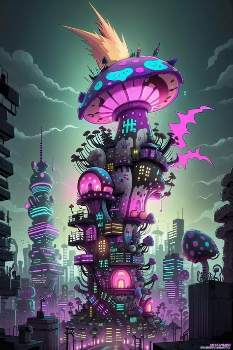 An award-winning digital image of a PunkPunkAI giant mushroom, colorful, cyberpunk, city, (masterwork:1.2), (dynamic lighting:1.1), intricate details, hd, 8k, colorful<lora:morph_PunkPunkAI:0.951>