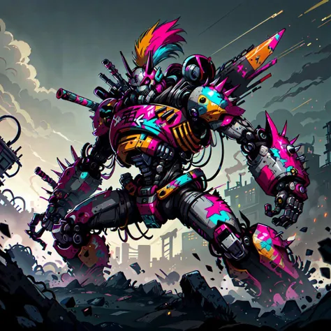<lora:PunkPunkAI:.8>
PunkPunkAI colorful
battle mech , cluttered environment