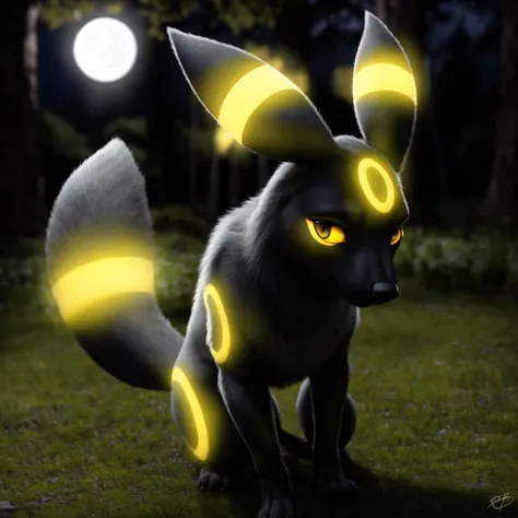 photo of a real life, detailed eyes,  <lora:Umbreon:1>, Umbreon, pokemon, fur, tuft, feral, moon, in forest, yellow eyes, volumetric lighting, fire flies in background, full body, feminine,