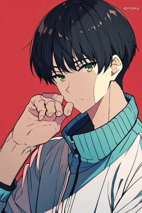 masterpiece, best quality, high quality, 1boy, solo, male focus, looking at viewer, upper body, <lora:hiroomi_nase:0.74>, hiroomi_nase, black hair, green eyes, , track suit