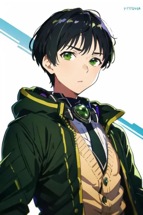 masterpiece, best quality, high quality, 1boy, solo, male focus, looking at viewer, upper body, <lora:hiroomi_nase:0.58>, hiroomi_nase, black hair, green eyes, ,