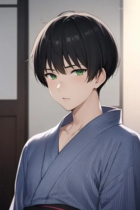 masterpiece, best quality, high quality, 1boy, solo, male focus, looking at viewer, upper body, <lora:hiroomi_nase:0.54>, hiroomi_nase, black hair, green eyes, , yukata
