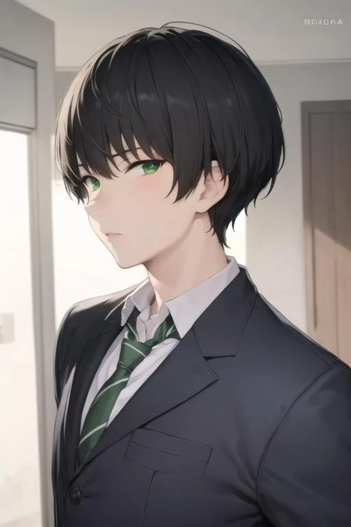 masterpiece, best quality, high quality, 1boy, solo, male focus, looking at viewer, upper body, <lora:hiroomi_nase:0.54>, hiroomi_nase, black hair, green eyes, , school uniform